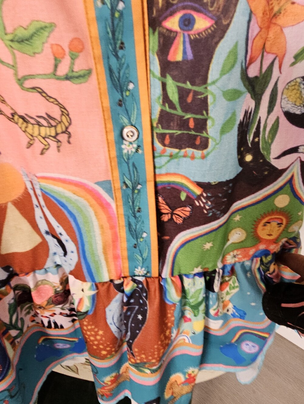 Pink Ripple Dress L Celestial Rainbow Zodiac Maximalist Boho Puff Sleeve Mini - Picture 7 of 10